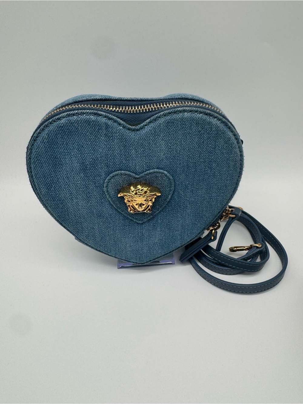 Versace Denim Heart Crossbody Bag with Gold Medusa Accent